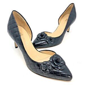 Ukies Shoes Womens 39 US 8.5 Black Leather Quilted Flower Dorsay High Heel Pumps
